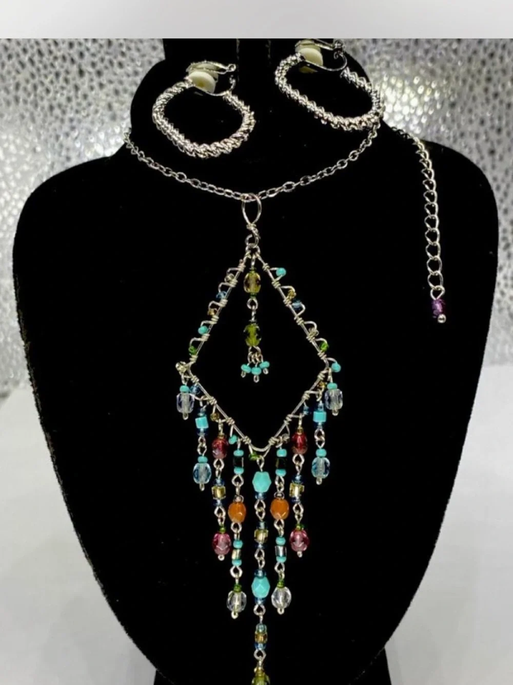 Southwestern ***  Custom ^^^ Beaded Silver-Tone Fringe   Necklace / Earrings ***